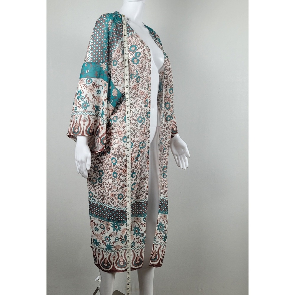 Kimono Cardigan Women One Size Teal Floral Paisley Longline Excellent - Picture 3 of 9